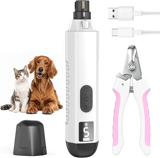 Dog Nail Grinder, Dog Nail Trimmers and Clippers Kit, 5 Speeds Nail Grinder for Dogs, Rechargeable Dog Nail Grinder with LED Light, Nail Grinder for Dogs Quiet, Nail Trimmer Nail Grinder for Dogs Cats