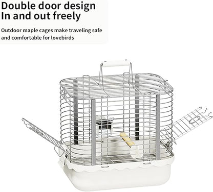 Bird Carrier Travel Cage, Durable Portable Stainless Steel Birdcage with Bird Perch & Feeding Bowl for Parrots Canaries Budgies Lovebirds Conures Cockatiels (Small White)
