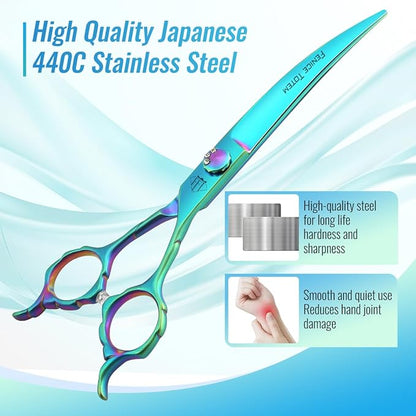 Dog Grooming Scissors: 7" Curved Pet Shears Made Of Japanese 440C for Trimming Dogs Cats and Other Pets Green