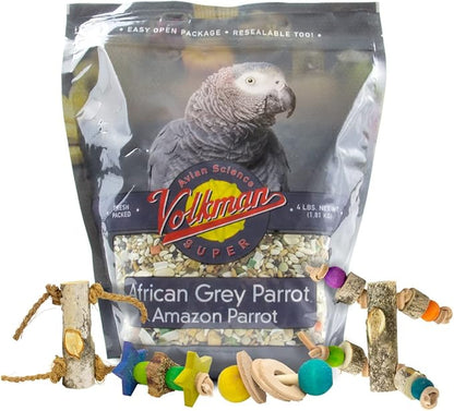 Volkman Avian Science Super African Gray Parrot Food with Foot Toys for Large Birds, Bird Food African Grey Parrot Treats with Foot Roller - 4 Lbs. (1Toy, Toys May Vary)