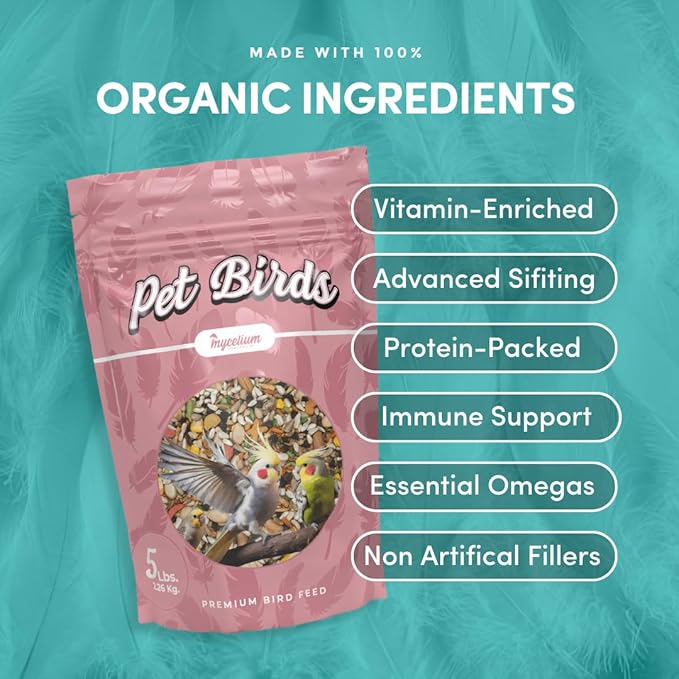 Mycelium Large Pet Bird Food | Clean & Safe Bird Seed Mix for Macaws, Cockatoos, Parrots | High in Protein & Fat with Egg, Corn, Vitamins, Peanuts & Hemp Seed | Organic & Non-GMO 5 lb Bag
