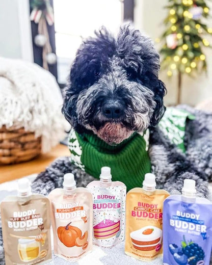 BUDDY BUDDER 6 Pack Mixed Flavor Squeeze Packs, 100% Natural Dog Peanut Butter, Healthy Peanut Butter Dog Treats, Made in USA, (4oz Packs)