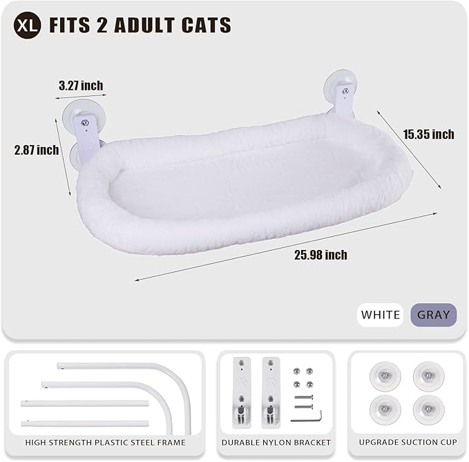 Cat Window Perch with Strong Suction Cups, 55lbs Hold Weight Tested, Foldable Cat Window Hammock Bed with Breathable Mesh, All-Season Lounger for Medium Small Cats to Bird Watch & Sunbathe (White, XL)