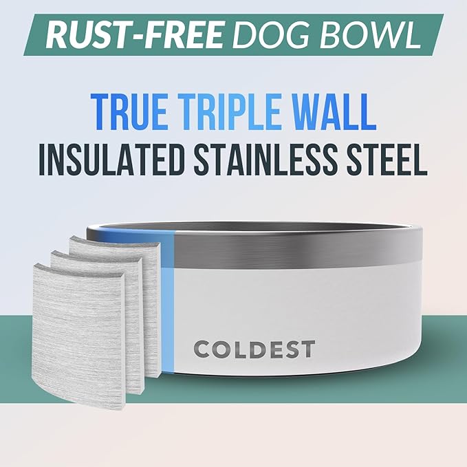 Coldest Dog Bowl - Anti Rust Metal, Non Slip, 3 Layers Insulated Stainless Steel Dog Bowls - Spill Proof & Heavy Duty - Water Bowl for Dogs, Cats & Pets, Dish Washer Safe (64 oz, Epic White)