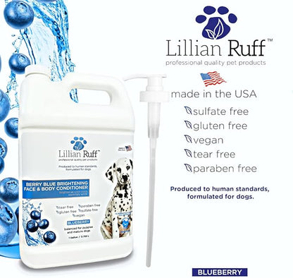 Lillian Ruff Berry Blue Brightening Face & Body Conditioner for Dogs & Cats - Tear Free Blueberry Conditioner - Remove Tear Stains, Hydrate Dry Skin, Add Shine & Luster to Coats - (Gallon W/Pump)