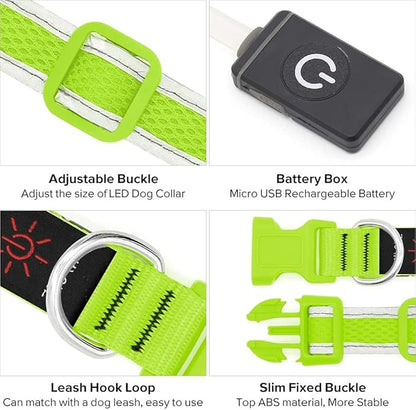 BSEEN LED Dog Collar Light- USB Rechargeable Light Up Dog Collars, Adjustable Mesh Reflective Puppy Collars for Night Dog Walking (Neon Green- Small- Collar)