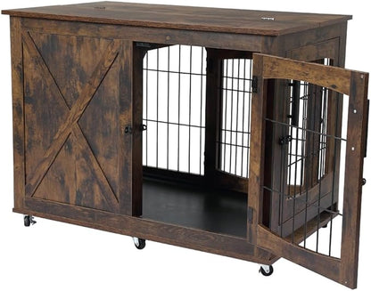Wooden Dog Crate Furniture with Divider, Rustic Brown, 3 Doors Kennel with Tray, Easy Assembly, Anti-Slip, 130 lbs Weight Capacity