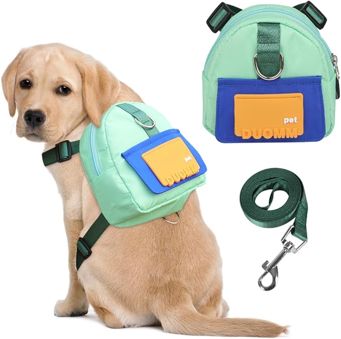 Dog Backpack Harness with Leash,Cute Pet Puppy Backpacks Bulid-in Dog Poop Bag Dispenser,Adjustable Pets Self Carrier Bag for Small Medium Dogs Travel Hiking Daily Walking(M, Green)