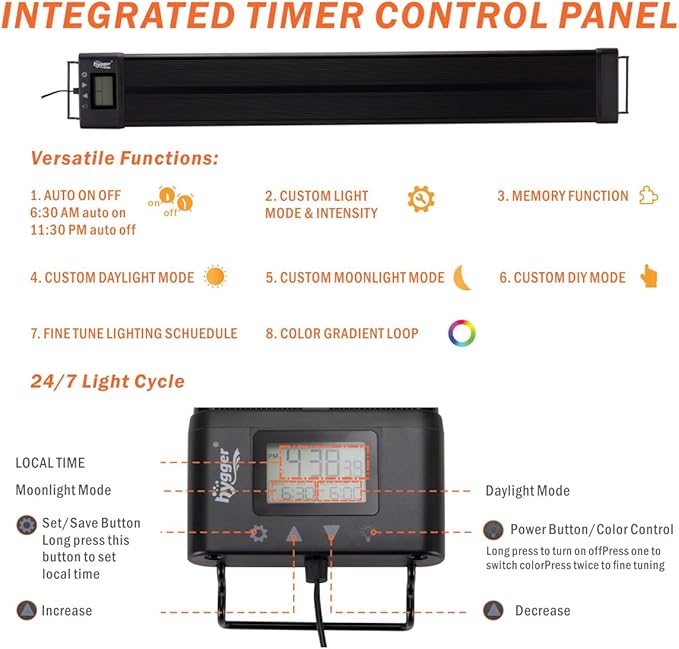 hygger Auto On Off LED Aquarium Light 12-17 Inches Dimmable 7 Colors Full Spectrum Fish Tank Light Fixture for Freshwater Planted Tank Build in Timer Sunrise Sunset