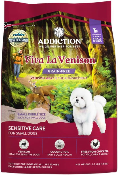Addiction Viva La Venison All Life Stages Small Breed Grain-Free Premium Venison Dry Dog Food Crafted in New Zealand - 3.3 lbs. Grain-Free/Gluten-Free Kibbles for Small Dogs