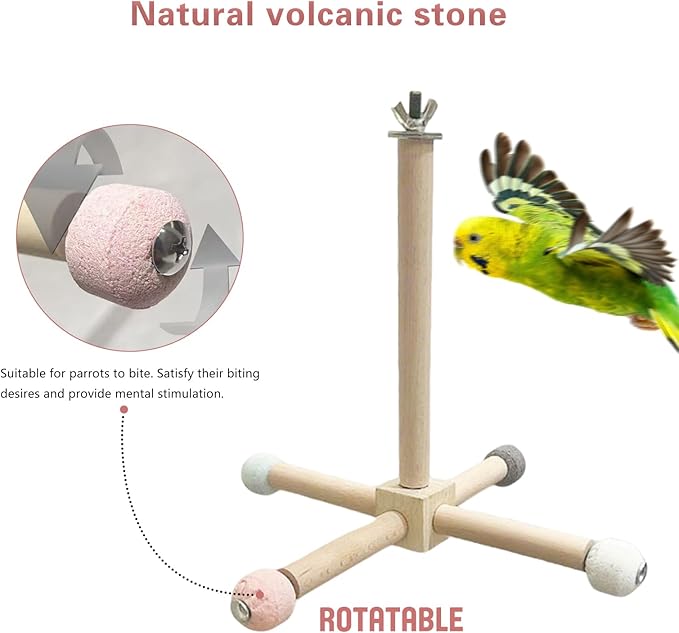 Bird Perch - 360° Rotating Interactive Perch for Cage, Natural Lava Rock for Claw & Beak Grinding, Safe Non-Toxic Wood, Multi-Position Play, Parakeet perches for cage, for Small/Medium Birds