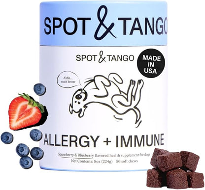 Spot & Tango Allergy + Immune Supplement for Dogs - Vet-Approved For Itchy Skin & Allergy Relief - Wild Alaskan Salmon Oil, Omega-3, Primrose Oil, Biotin - Real Strawberry & Blueberry Flavor, 56 Count