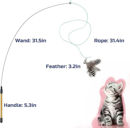 Cat Feather Toys, Interactive Cat Toys Kitten Toys, 2PCS Elasticity Cat Wand Toy and 7PCS Feathers Refills, Cat Toys for Indoor Cats Kitten Play Chase