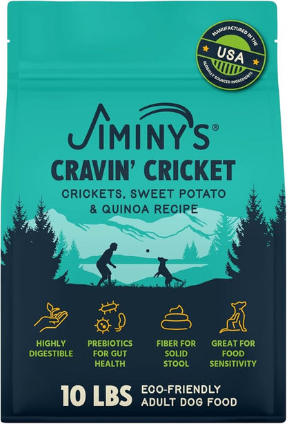 Jiminy's Cravin' Cricket Dry Dog Food, Sensitive Stomach, Improved Gut Health, Probiotic & Prebiotic, Hypoallergenic, Lower Carbon Footprint, Made in USA, 10lb Bag (Pack of 1)