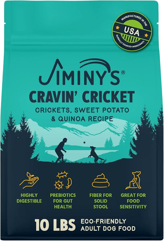 Jiminy's Cravin' Cricket Dry Dog Food, Sensitive Stomach, Improved Gut Health, Probiotic & Prebiotic, Hypoallergenic, Lower Carbon Footprint, Made in USA, 10lb Bag (Pack of 1)