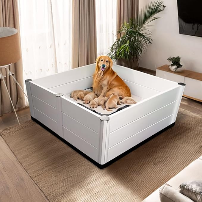 Whelping Box & Puppy Playpen – 48 x 48 x 18 Inch, Upgraded Reinforced Design with Easy-Open Door, Pig Rails, Waterproof Pee Pad & Oxford Floor Liner – Indoor/Outdoor, Easy to Clean (Premium Ver.)