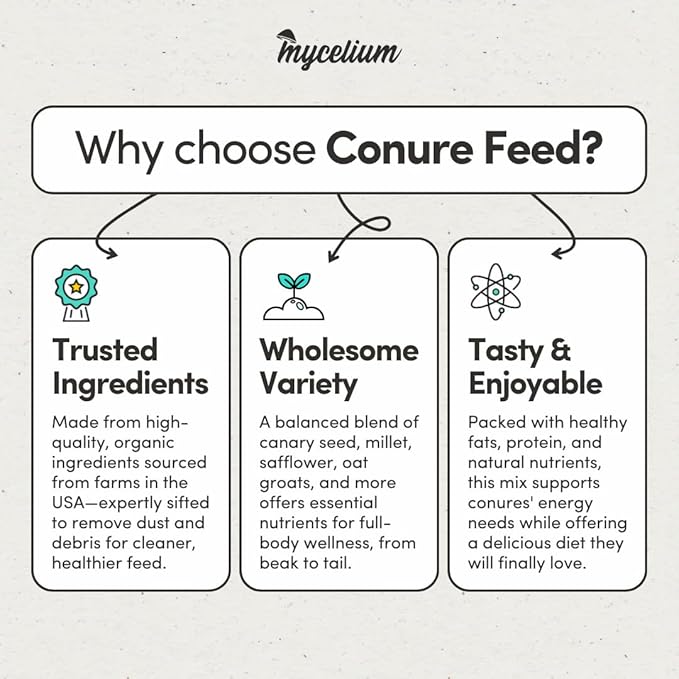 Mycelium Conure Feed (5 LB Bag) | Certified Organic, Non‑GMO Conure Food | Natural, Filler‑Free Bird Seed with Hulled Grains | Supports Brain, Heart & Digestive Health | Made in USA