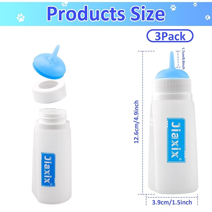 3 Pack Kitten Silicone Bottle Feeding Kit,Nipple & Feeding Kit for Kittens, Reusable Newborn Kitten Supplies, Suitable for Feeding Kitten, Puppy, Rabbit,Hamster (Blue, Medium)