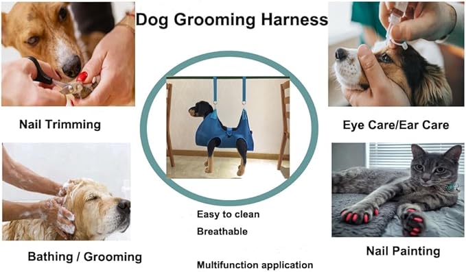 Dog Grooming Hammock with Flea Comb and Dog Nail Clipper, Pet Dog Grooming Hammock Harness with Cat Nail Clipper, Nail File and Dog Brush, Dog Sling for Nail Clipping/Nail Trimming (L, Blue)