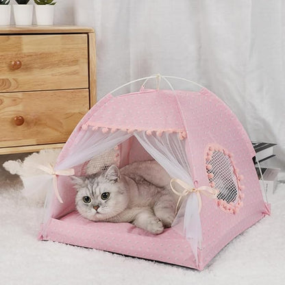 Cat Bed Tents Dog House Indoor Outdoor Lace Mesh Breathable Windows Door Curtains Removable Portable Nest Teepe House (Small,Pink(Flower))