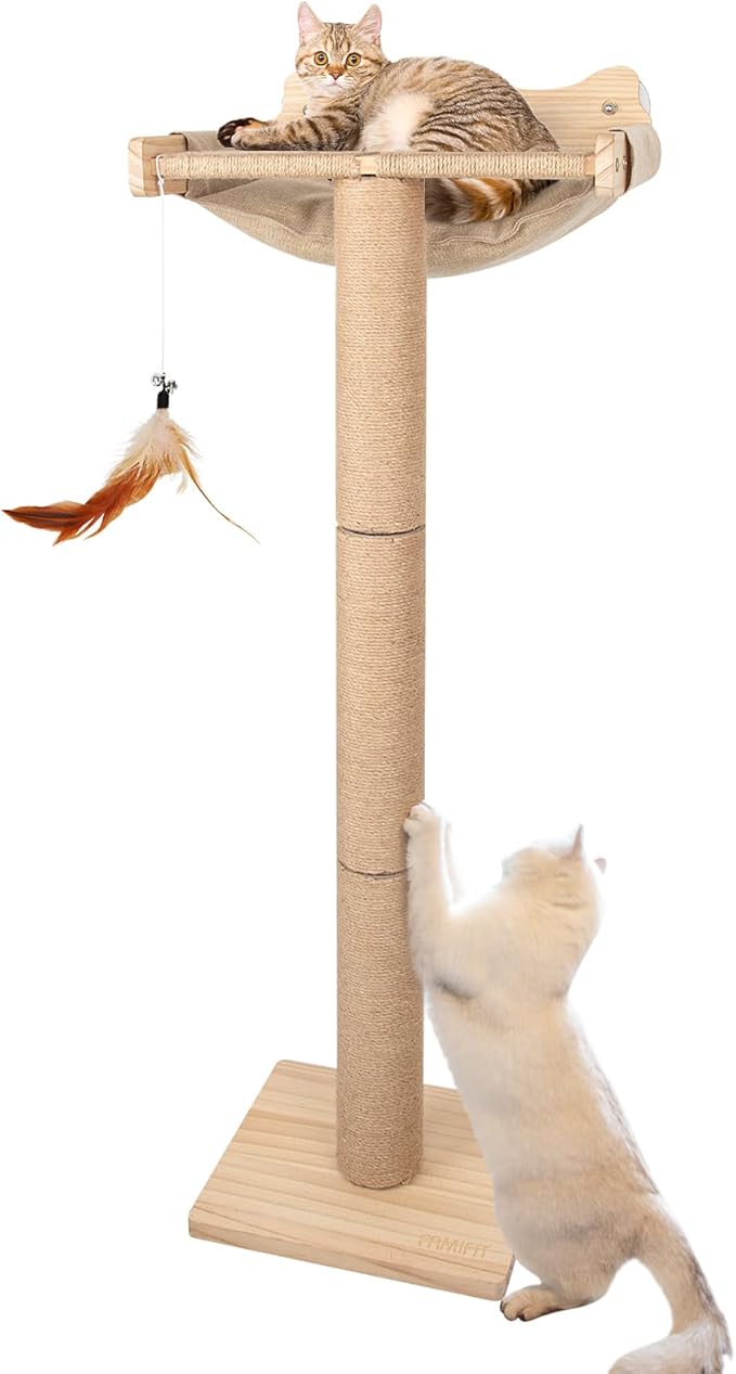 Cat Window Perch with Scratching Post, 46" Adjustable Tall Scratching Posts & Suction Cup – Multi-Level Perch for Climbing, Bird Watching, and Play, Supports 45 lbs (Drilling-Free)