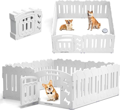Dog Playpen with Door & Whelping Box, 8-Panel Lightweight Plastic Fence for Small to Medium Pets, Indoor/Outdoor Use, Portable, Durable (White 8-Panels, Regular, 8 Panels with Door)