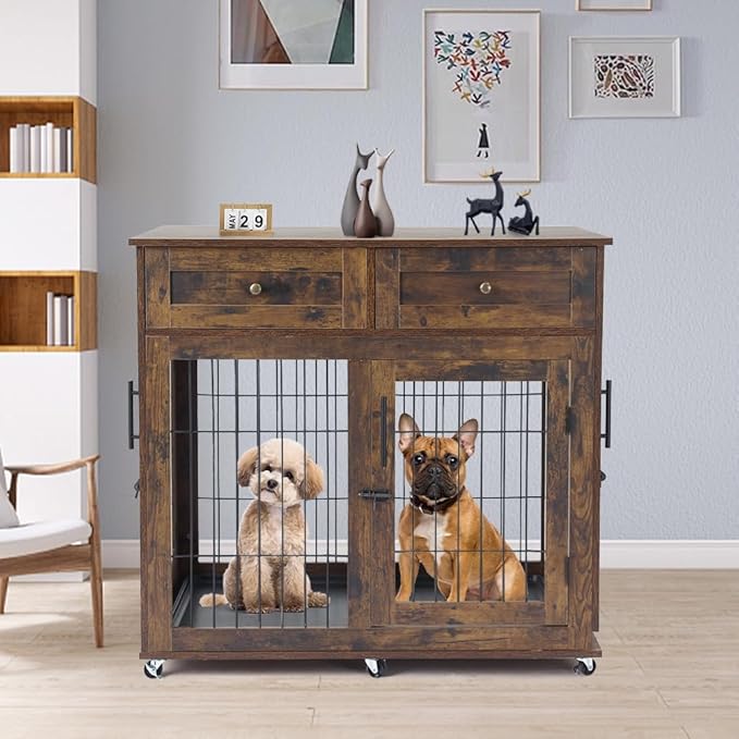 Double Dog Crate Furniture with 2 Drawers,Wooden Dog Crate End Table,2 Dogs Wooden Dog Cage Dog House for Small/Medium/Large