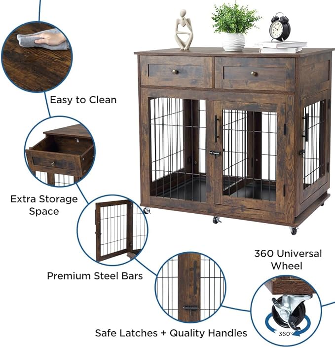 2 Dog Crate Furniture with 2 Drawer,39.4" Wooden Large Dog Kennel Crate End Table with Wheels (Brown)