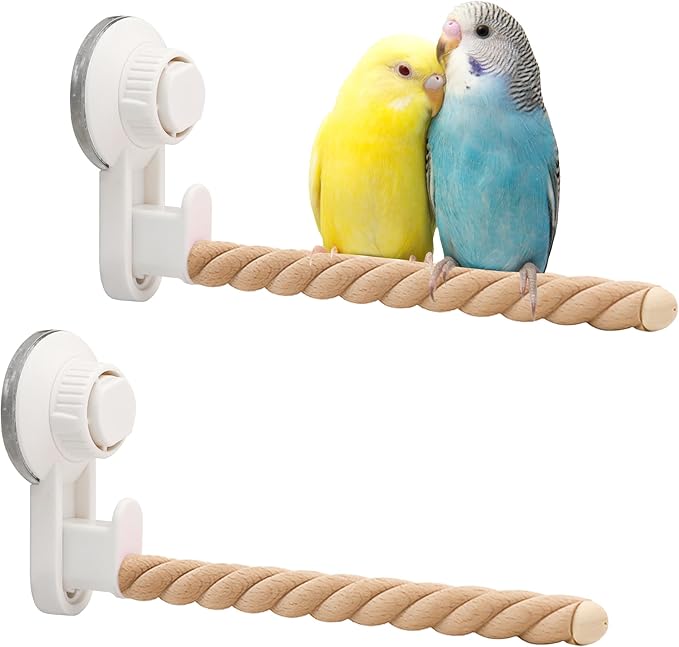 2Pcs Suction Cup Bird Perch,Natural Wood Parrot Window/Mirror/Car/Travel/Shower Perches Stand Portable Parakeet Grinding Stick Training Toys for Small and Medium Birds(Twist Grain)