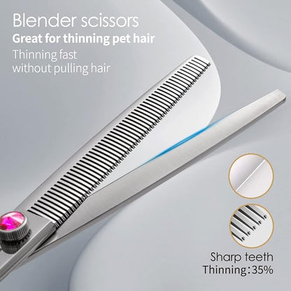 Dog Grooming Scissors Kit 7.5 in Professional Curved Thinning Straight Chunker Shears and Comb 5pcs Set for Grooming Big Dogs Poodle Pet Japan 440C Stainless Steel(7.5'',Kit)