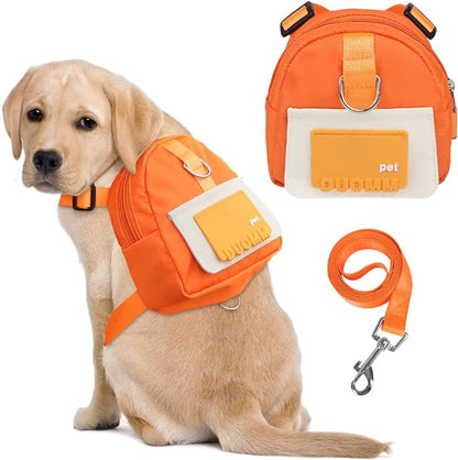 Dog Backpack Harness with Leash,Cute Pet Puppy Backpacks Bulid-in Dog Poop Bag Dispenser,Adjustable Pets Self Carrier Bag for Small Medium Dogs Travel Hiking Daily Walking(S, Orange)
