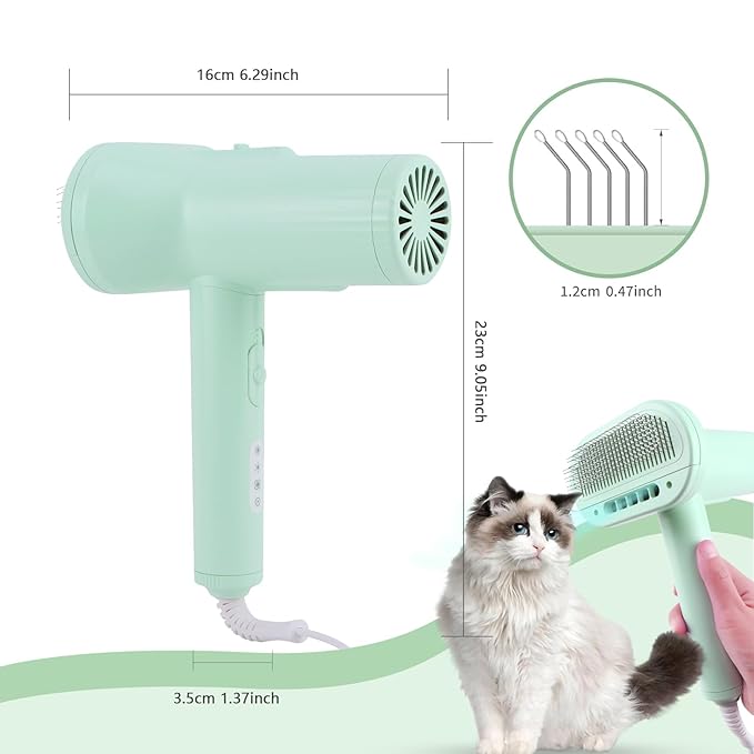 2-in-1 Dog Hair Dryer and Brush - Low Noise Operation, Overheating Protection, 3 Temperature & Airflow Settings, Self-Cleaning Button - Ideal Dog Brush for Short Haired Dogs (Green)