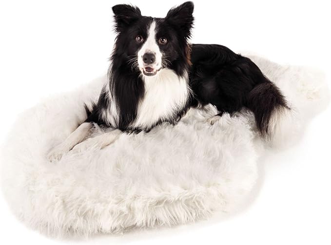 PupRug Orthopedic Dog Bed for Large Dogs with Fluffy Soft Faux Fur and Memory Foam for Joint Pain Relief, Machine Washable and Waterproof Couch Bed, Polar White, Medium