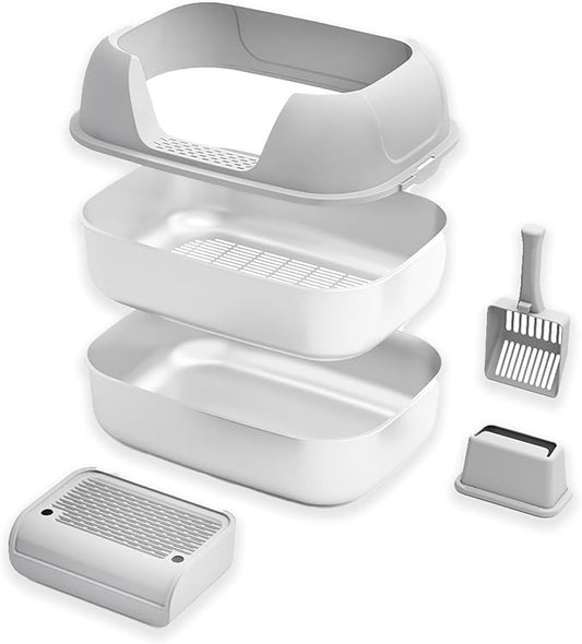 Stainless Steel Sifting Litter Box with Lid, Metal Litter Pan with Scoop for Big Cats Multi Cat, Extra Large Cats Litterbox Odor Control Easy Clean (22.8*16.5*11.8inch-With Enclosure & Step, X-Large)