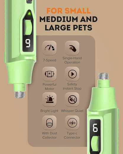 YABIFE 7-Speed Dog Nail Trimmers, Professional Dog Nail Grinder with Light - Heavy Duty Pet Nail Grinder for Dogs/Cats/Birds/Small Animals - Whisper Quiet, Single Hand Operation