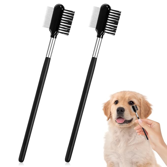 2 PCS Metal Grooming Comb for Dogs, Double-Sided Dog Grooming Comb Soft Bristles Eye Cleaning Brush Facial Brush Tear Stain Removal Tool for Dogs Puppies Cats Removing Booger Flea Gunk Crust Mucus
