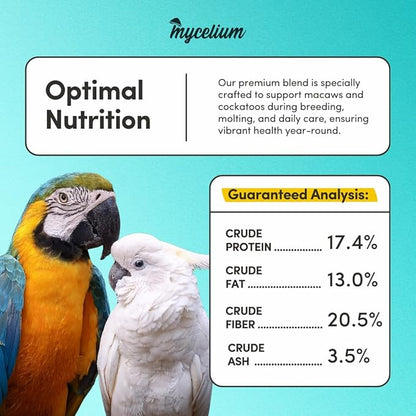 Mycelium Premium Macaw & Cockatoo Food | High Protein & Fiber | Safe & Clean Pet Bird Food | Seed Blend with Vitamins, Corn, Buckwheat, Sunflower, Peanuts & Hemp Seed | Organic, Non-GMO 5 lb Bag