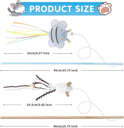 NOWFRESH Cat Wand Toy Set, 2 PCS Interactive Cat Teaser Wands with Cute Bee & Mouse Designs, Equipped with Bells and Streamers to Captivate Your Cat’s Attention
