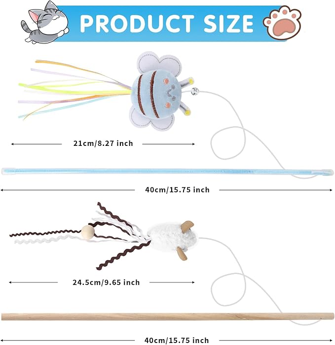 NOWFRESH Cat Wand Toy Set, 2 PCS Interactive Cat Teaser Wands with Cute Paper Balls & Paper Circles Designs, Equipped with Bells and Streamers to Captivate Your Cat’s Attention