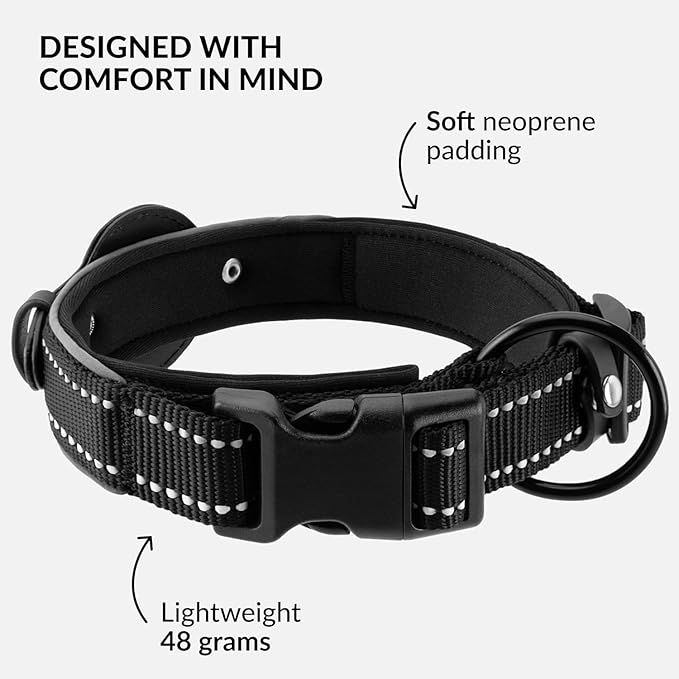 Airtag Dog Collar, CollarDirect, Reflective Dog Collar for Apple Air Tag for Large, Medium, and Small Dogs, Black, Size L