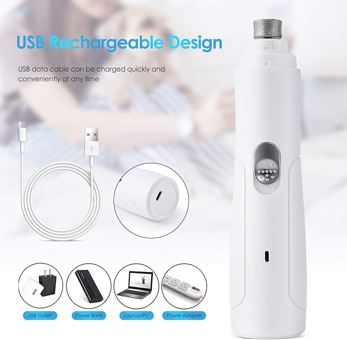 UniQu Dog Nail Grinder, 2-Speed Electric Rechargeable Pet Nail Trimmer with Low Noise Grooming Smoothing and Trimming, Perfect for Small Medium Dogs & Cats