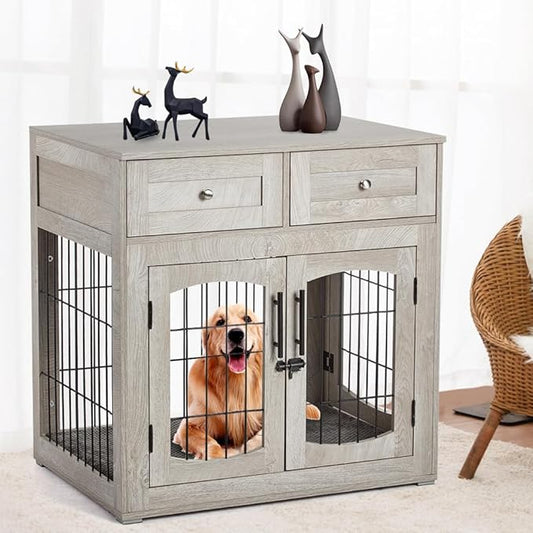 Dog Crate Furniture with Double Drawers, Wooden End Table Dog Kennel, Furniture Style Wood House Crate for Small/Medium/Large Dogs, Decorative Dog Crate with Storage for Large Breed, 40 Inch, Gray