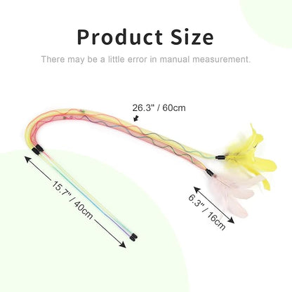 SONGWAY Cat Rainbow Wand Toy - Rainbow Cat Feather Toys with Bells, Colorful Mesh Teaser Wand with Feather Tail, Interactive Toys for Indoor Cats Kittens, Light Color