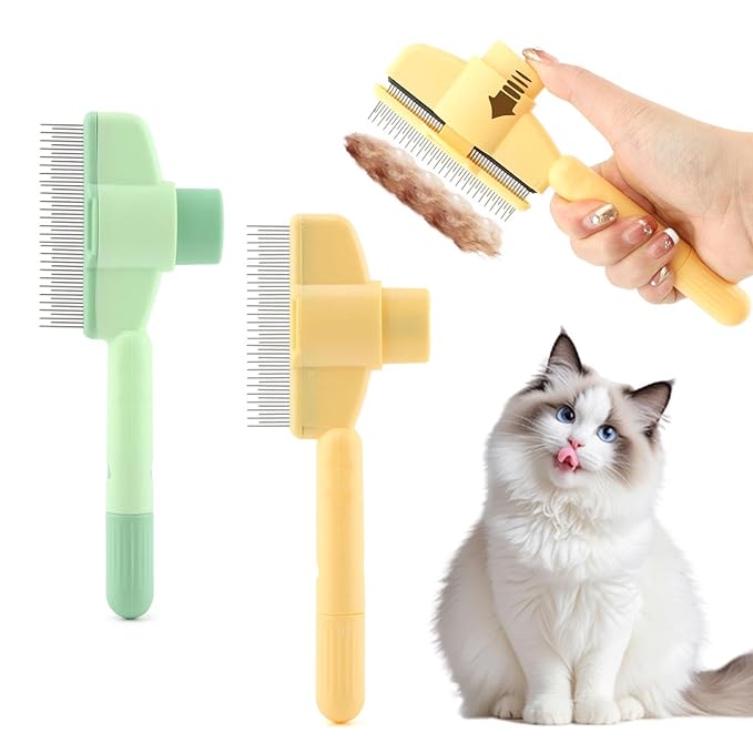2PCS Pet Hair Removal Comb Flea Comb, Self-Cleaning Stainless Steel Grooming Brush with Release Button for Dogs Cats Short and Long Hair