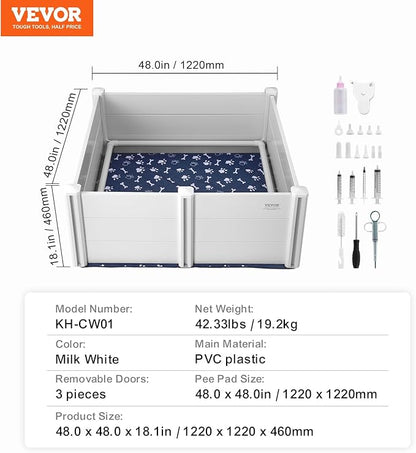 VEVOR Whelping Box for Dogs, 48 x 48 x 18.1in Whelping Box for Puppies, Whelping Pen for Puppies, Dog Birthing Box with Rails and Washable Pee Pad, Whelping Box for Large Breed Dogs, White