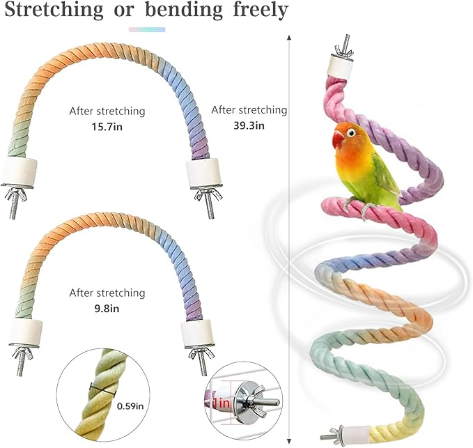 3pcs Gradient Colorful Bird Rope Perch Stand,Bird Cage Climbing Rope Toys Accessories,Bendable Climbing,Parakeet Lovebirds Cockatiels Budgies Play (9.8'',15.7'',39.3'')