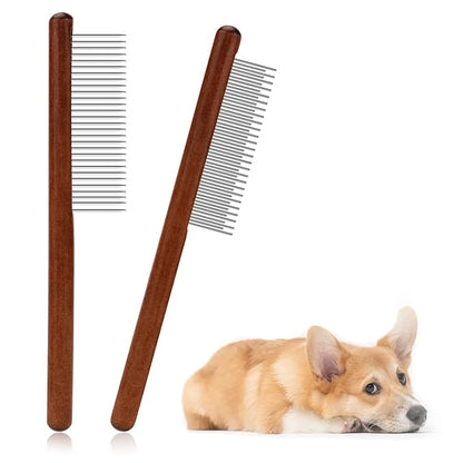 2pcs Solid Wood Grooming Combs with Wide & Narrow Rounded-Tip Steel Teeth - Metal Flea & Lice Comb for Dogs, Cats, Small & Medium Pets' Tangled Hair