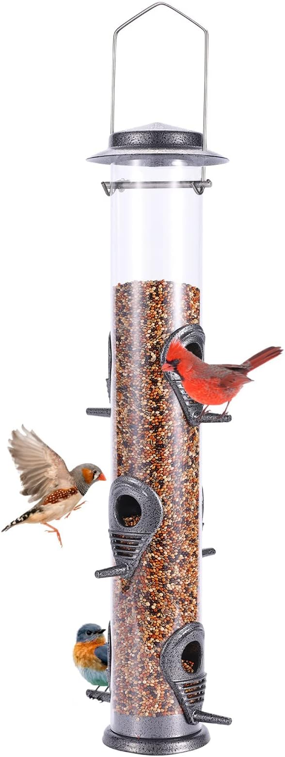 MIXXIDEA Metal Wild Bird Feeder, Squirrel Proof, Hanging 6 Port Tube Transparent Finch Feeder for Attracting Birds in Lawn, Garden, Balcony - Gray