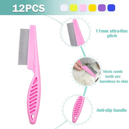 12 Pcs Pet Hair Comb Flea Comb for Dogs Cats Remover Tool with Stainless Steel Teeth Metal Flea Comb for Pet Supplies Remove Tear Stain Knots Crust Mucus (Multicolor)