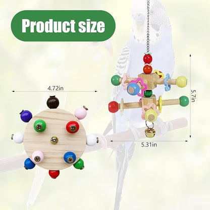 Bird Spinner Toys for Parrots with Bells,Natural Wood Parakeet Toys for Cage,Bird Cage Accessories Chewing Hanging for Small and Medium Birds,Cockatiel,Conure,Lovebird,Budgie,Quaker（2pcs）